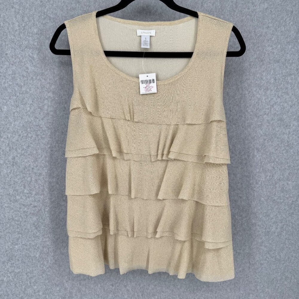 Chicos Womens Layered Sparkle Mesh Tank Top Size 1/M Stardust Gold Metallic NEW